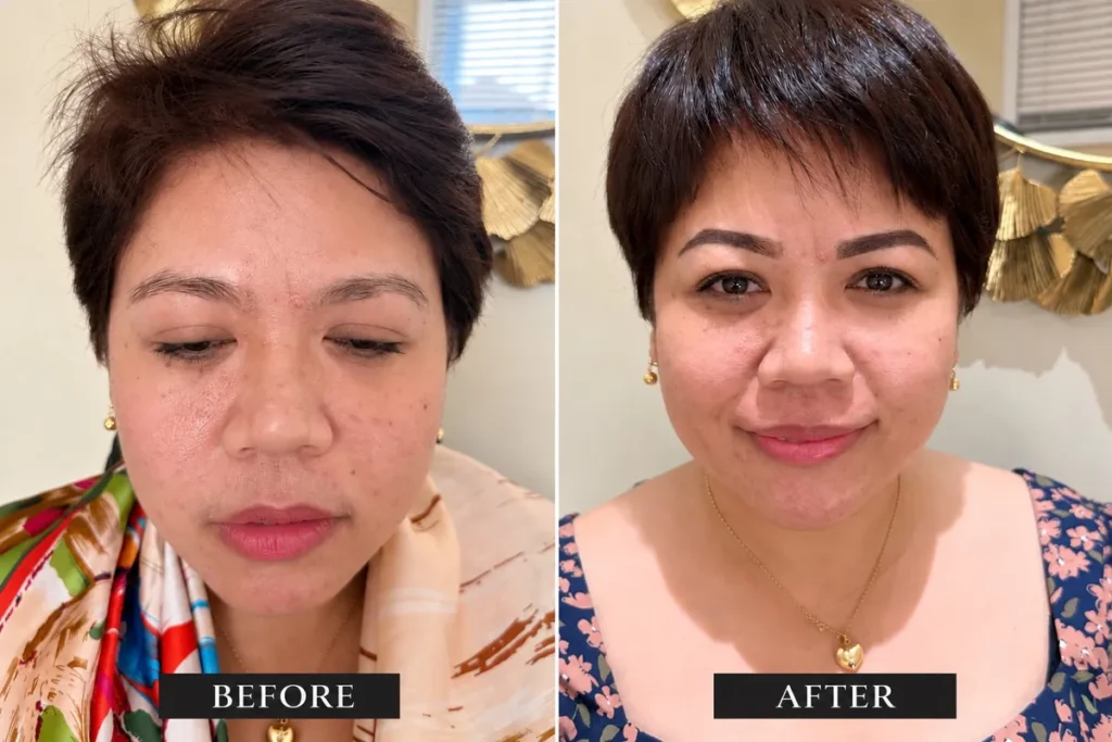 Before and after Nano Brows: sparse brows become fuller, defined brows at Vivi Brows & Head Spa in London, Ontario