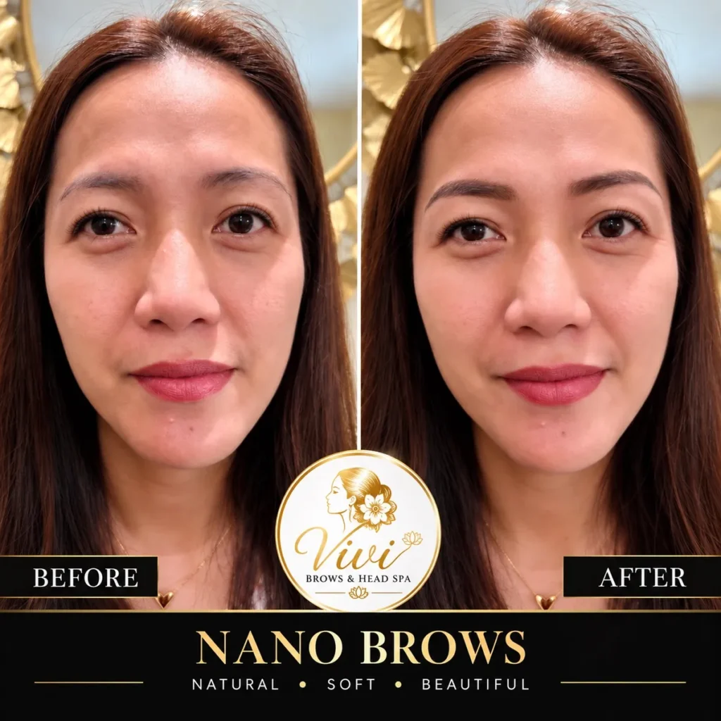 Nano Brows before and after: light, sparse brows to soft, defined brows at Vivi Brows & Head Spa in London, Ontario