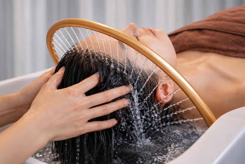 Scalp massage under the water ring during a Vietnamese Head Spa in London, Ontario