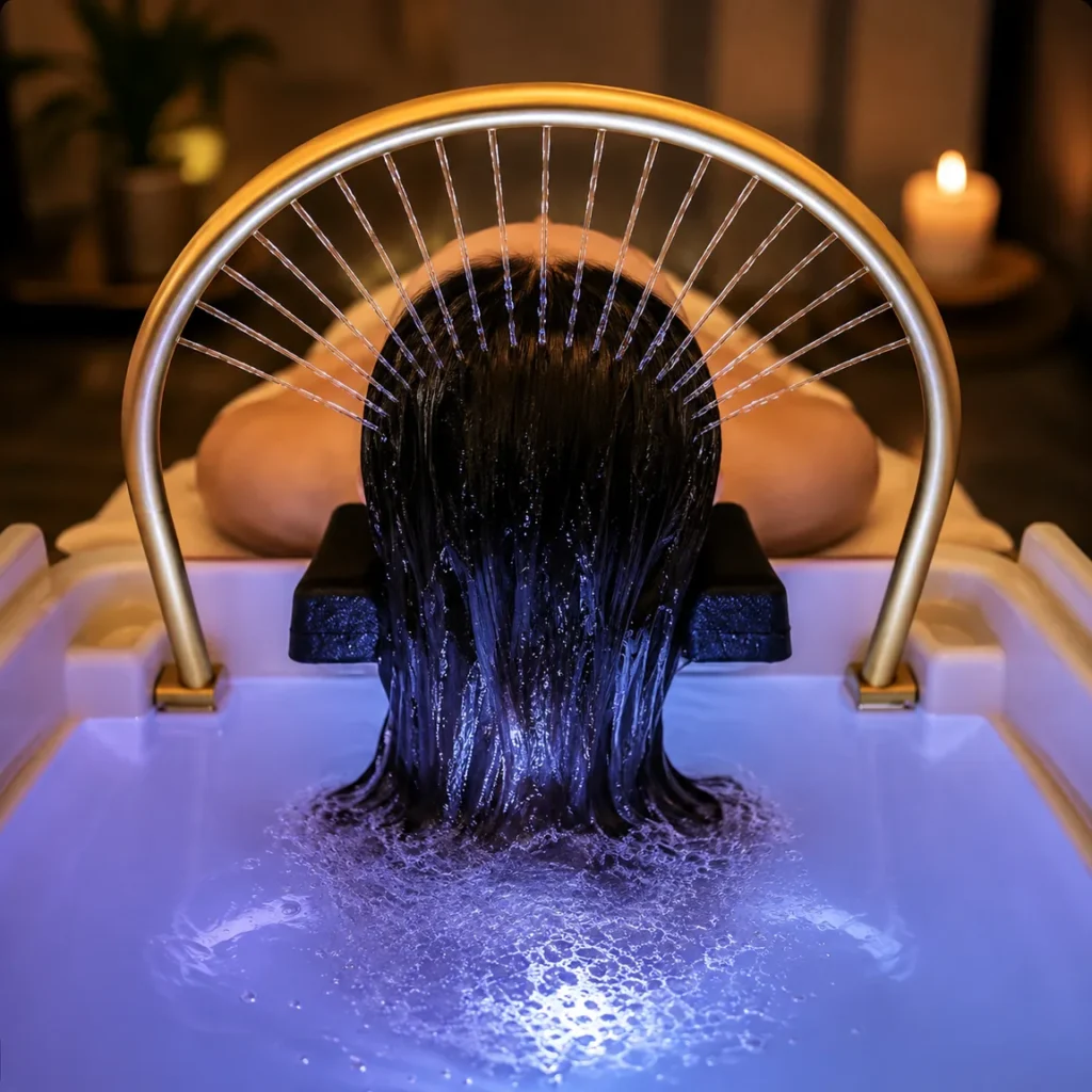 Water ring cascading over a guest’s hair during a Vietnamese Head Spa at Vivi Brows & Head Spa
