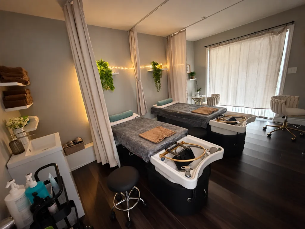 Private head spa treatment room at Vivi Brows & Head Spa in London, Ontario